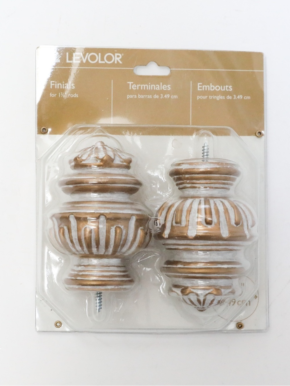 Set of 2 Levolor medallion finials distressed painted gold curtain rod accents